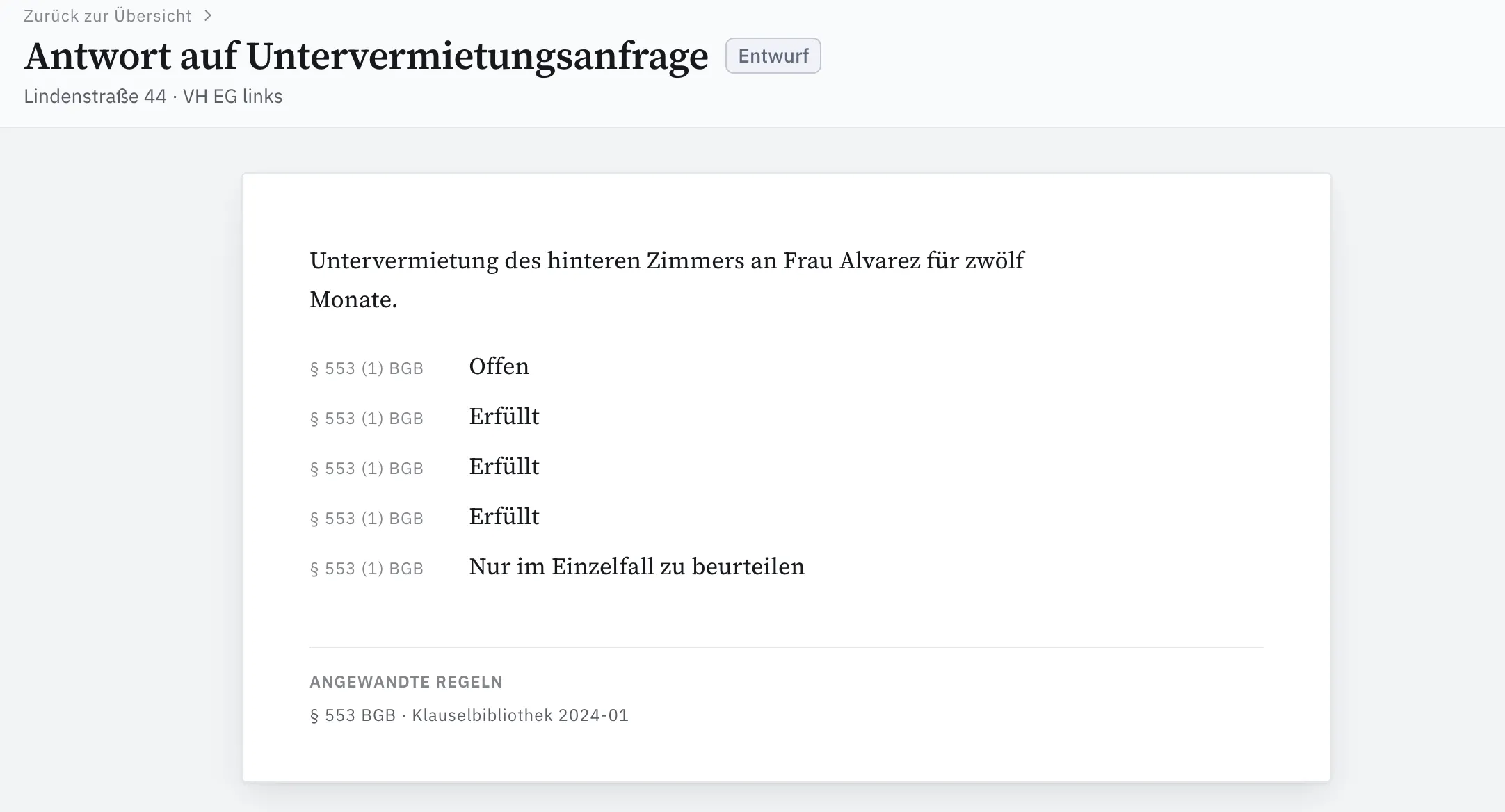 Entwurf einer Antwort auf eine Untervermietungsanfrage mit Klauselprüfung nach § 553 BGB